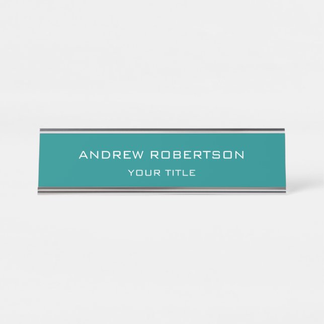 Teal Blue Plain Elegant Minimalist Simple Desk Name Plate (Front)
