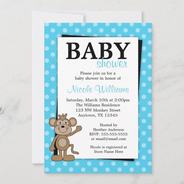 Teal Blue Polka Dot Monkey Baby Shower Invitations (Front)