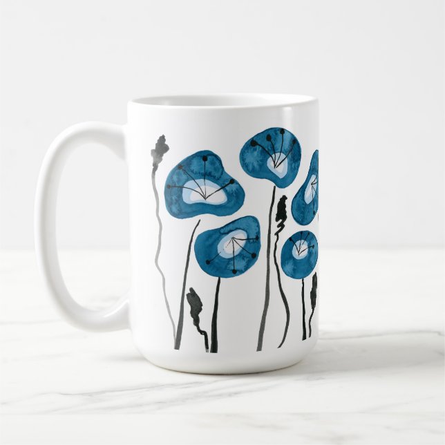 Teal Blue Poppies Watercolor Flowers Tea and Coffee Mug (Left)