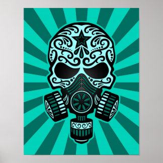Teal Blue Post Apocalyptic Sugar Skull Poster