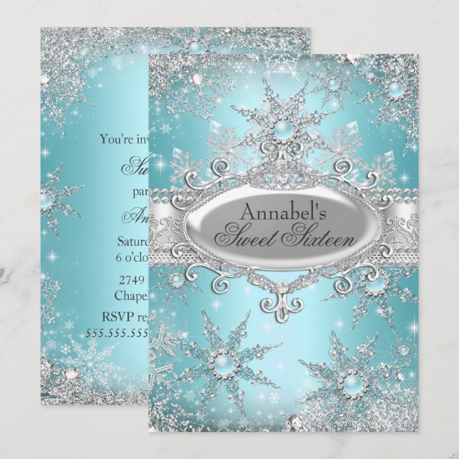 Teal Blue Princess Winter Wonderland Sweet 16 Invitation (Front/Back)