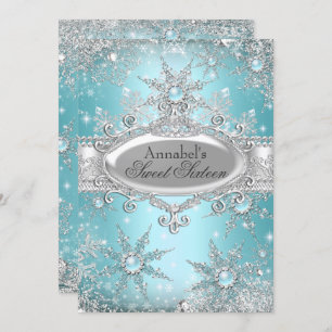Teal Blue Princess Winter Wonderland Sweet 16 Invitation