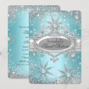Teal Blue Princess Winter Wonderland Sweet 16 Invitation