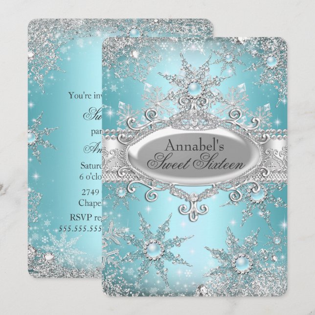 Teal Blue Princess Winter Wonderland Sweet 16 Invitation (Front/Back)