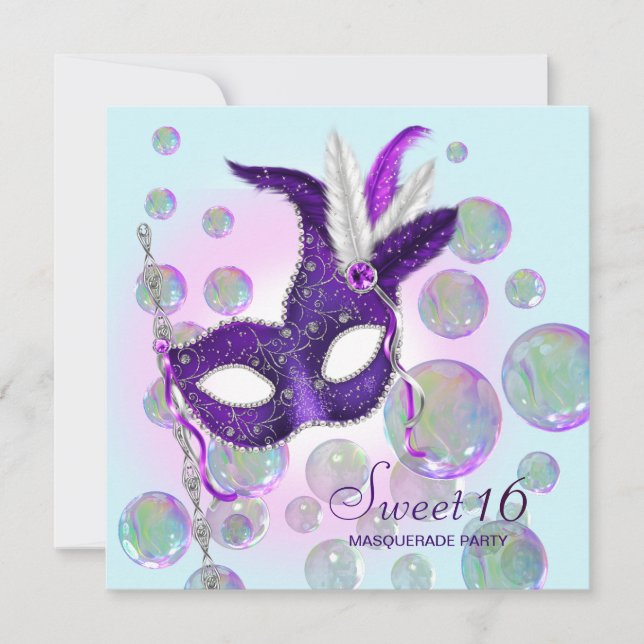 Teal Blue Purple Bubbles Sweet Sixteen Masquerade Invitation (Front)