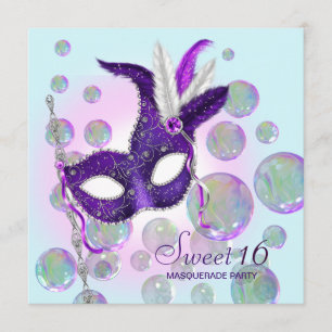 Teal Blue Purple Bubbles Sweet Sixteen Masquerade Invitation
