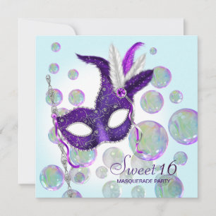 Teal Blue Purple Bubbles Sweet Sixteen Masquerade Invitation