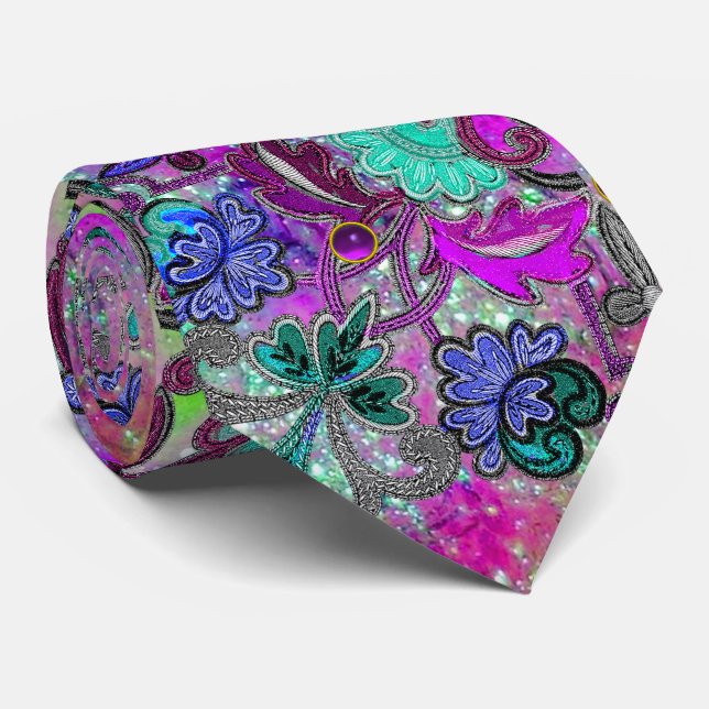 TEAL BLUE PURPLE FLOWERS ,GEMSTONES Floral Pattern Tie (Rolled)