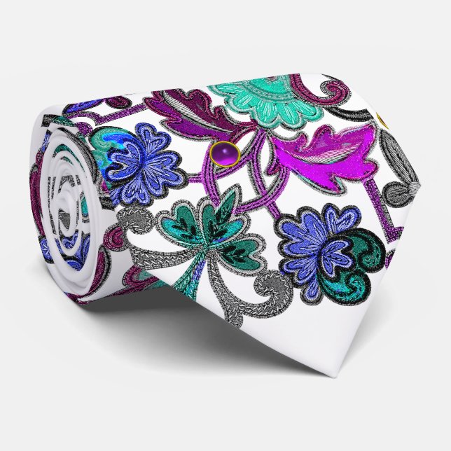 TEAL BLUE PURPLE FLOWERS ,GEMSTONES White Floral Tie (Rolled)