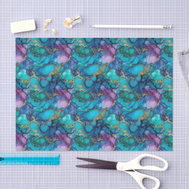 Teal Blue Purple Green Gold Watercolor Decoupage  Tissue Paper (Craft)