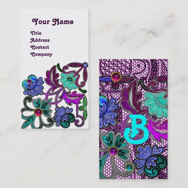 TEAL BLUE PURPLE LACE FLOWERS COLORFUL GEMSTONES BUSINESS CARD (Front/Back)