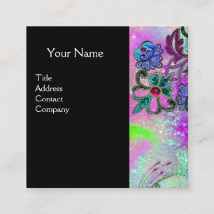 TEAL BLUE PURPLE LACE FLOWERS GEMSTONES Black Square Business Card