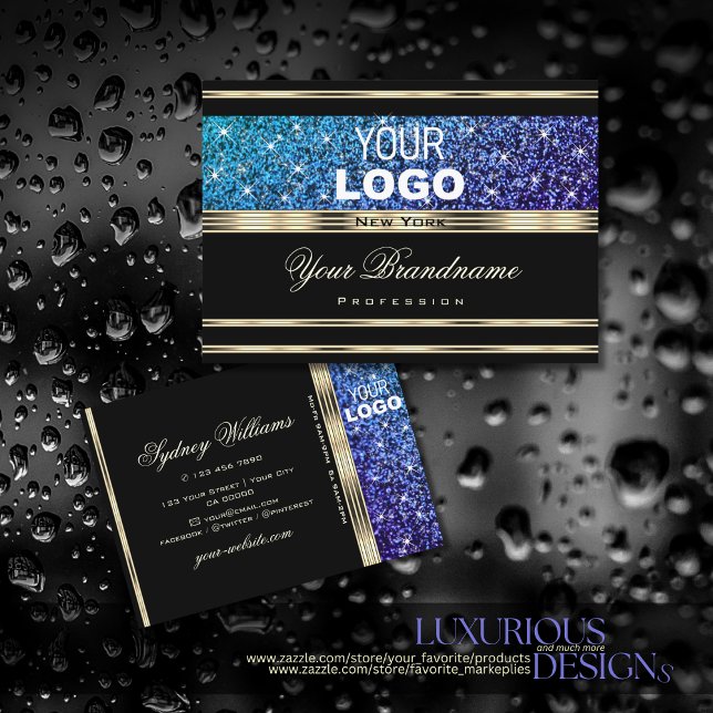 Teal Blue Purple Ombre Glitter add Logo Gold Black Business Card (Creator Uploaded)