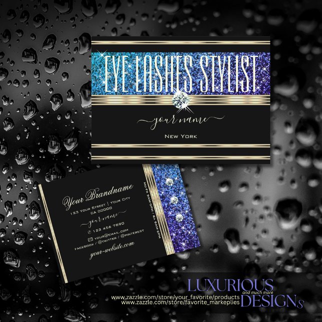 Teal Blue Purple Ombre Glitter Diamonds Gold Black Business Card (Creator Uploaded)
