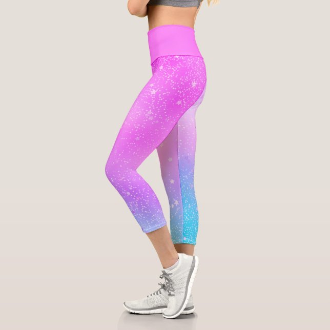 Teal Blue Purple Ombre Holographic Starry Galaxy Capri Leggings (Left)