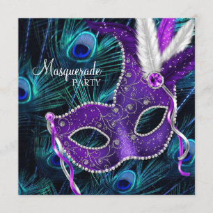 Teal Blue Purple Peacock Masquerade Party Invitation
