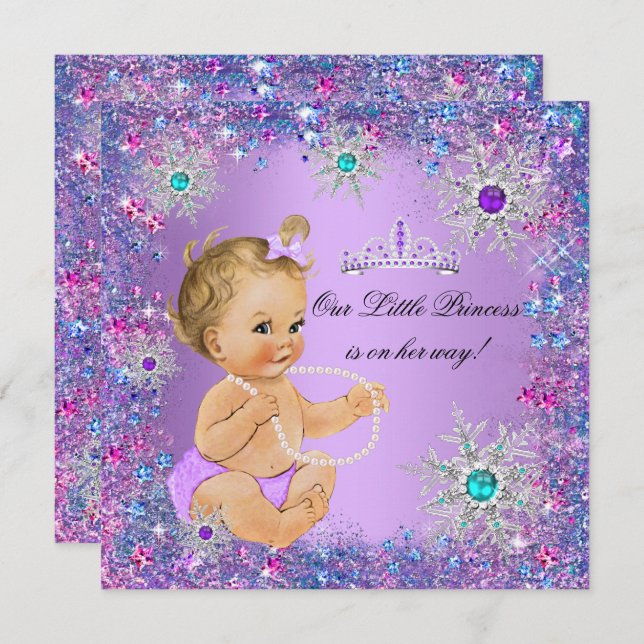 Teal Blue Purple Pink Princess Baby Shower Blonde Invitation (Front/Back)