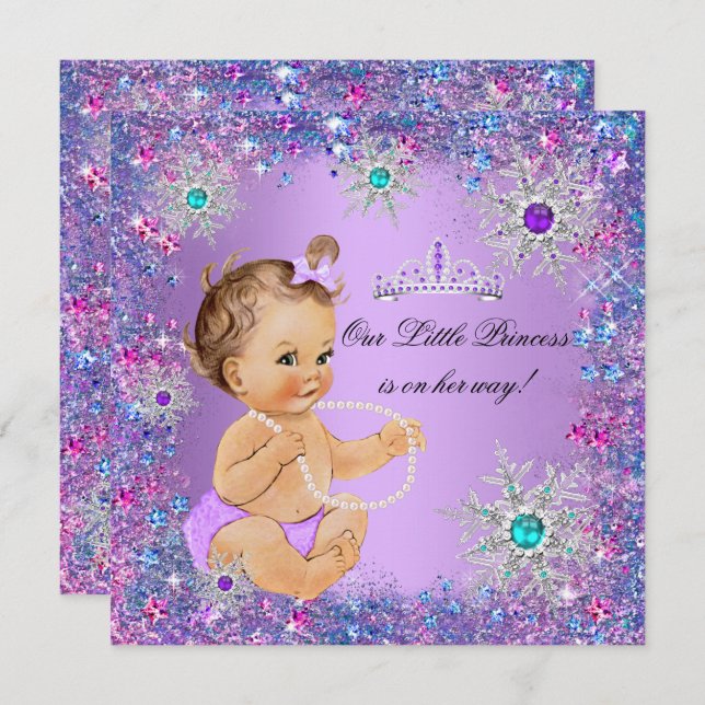 Teal Blue Purple Pink Princess Baby Shower Brown Invitation (Front/Back)