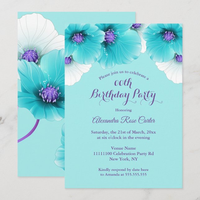 Teal Blue Purple Poppies floral Birthday Party Invitation (Front/Back)