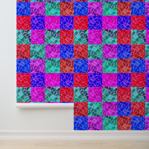 Teal Blue Purple Red Check Glass Mosaic Tiles Wallpaper