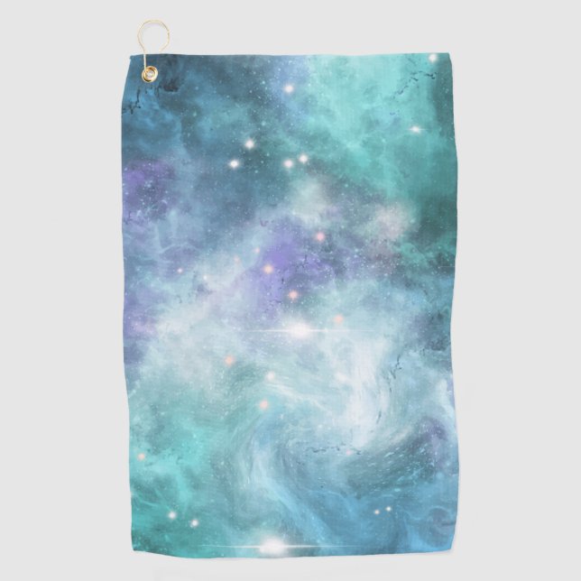 Teal Blue Purple Star Nebula Space Galaxy Universe Golf Towel (Front)