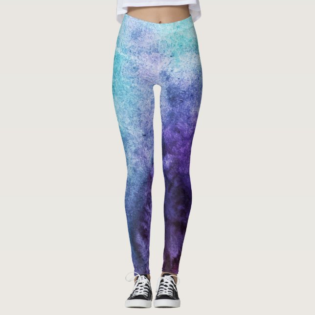Teal Blue & Purple Watercolor Leggings (Front)