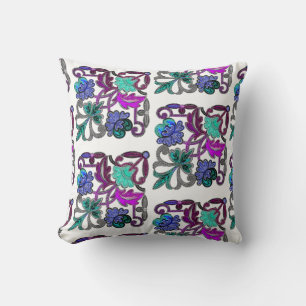 TEAL BLUE PURPLE WHITE VINTAGE LACE FLOWERS CUSHION