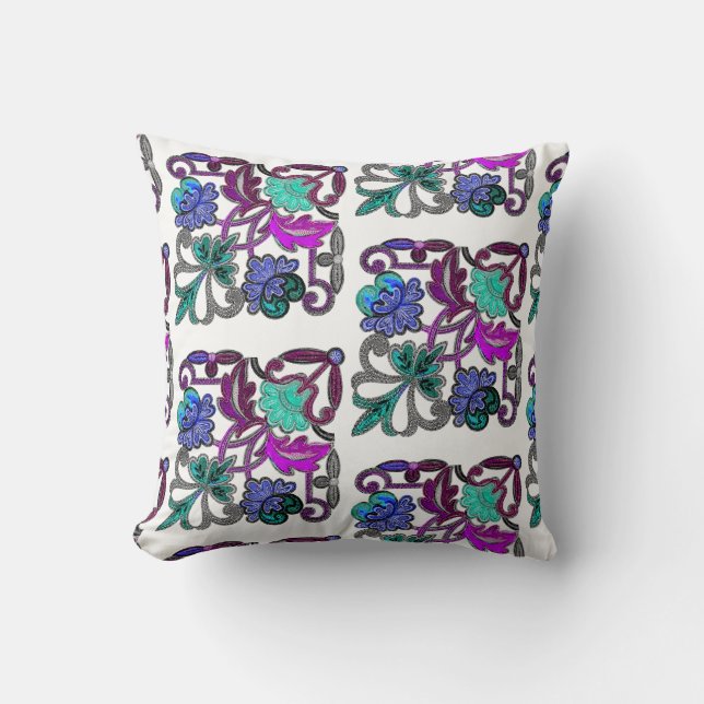 TEAL BLUE PURPLE WHITE VINTAGE LACE FLOWERS CUSHION (Front)