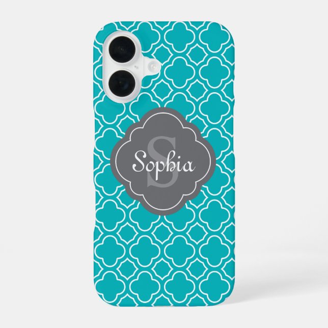 Teal Blue Quatrefoil Pattern Grey Monogram iPhone 16 Case (Back)