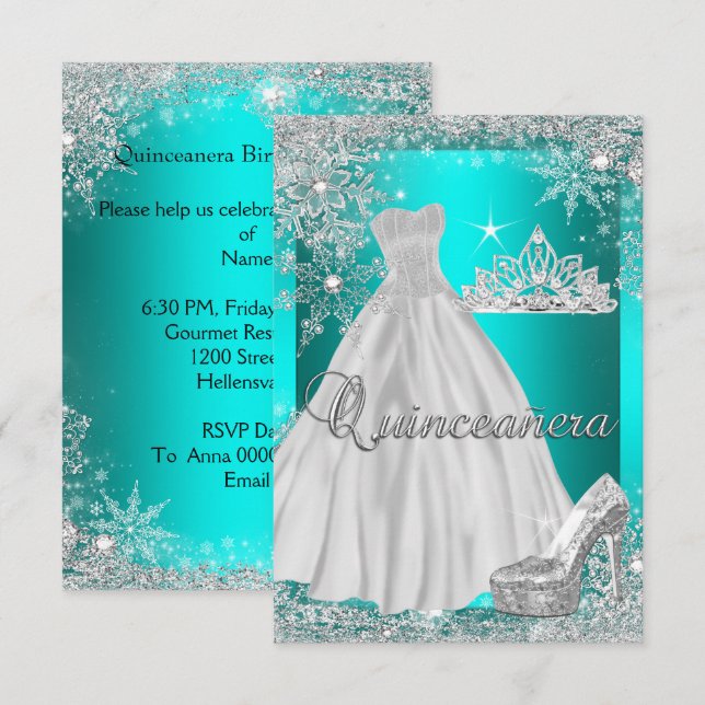 Teal Blue Quinceanera 15th Birthday Party Invitation (Front/Back)