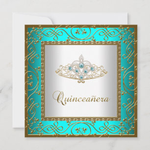 Teal Blue Quinceanera Gold Tiara Invitation