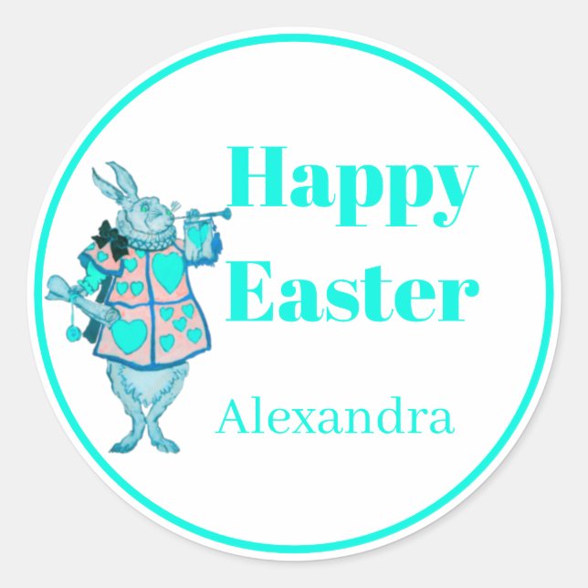 Teal Blue Rabbit Easter sticker. Classic Round Sticker (Front)