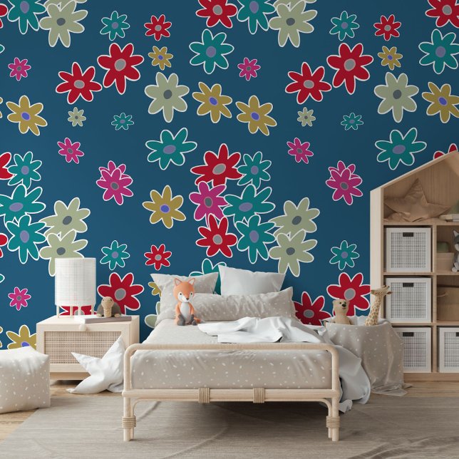 Teal Blue Red Hot Pink Beige Flowers Art Pattern Wallpaper (Creator Uploaded)