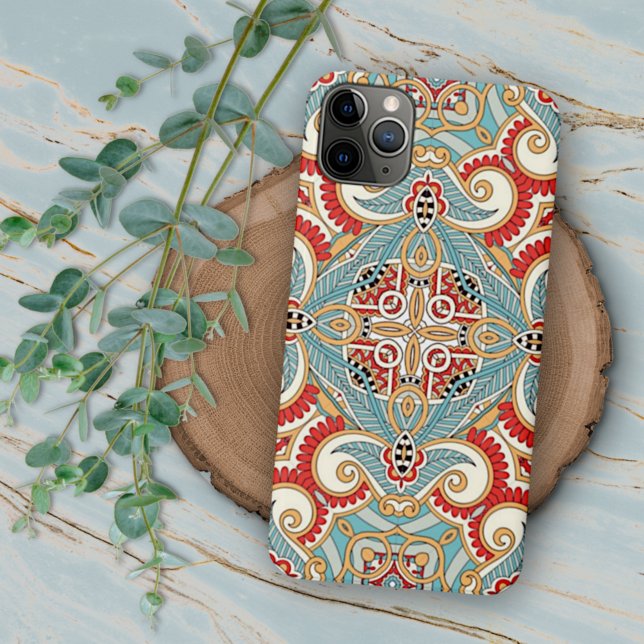 Teal Blue Red Light Orange Floral Mosaic Pattern iPhone Case (Creator Uploaded)