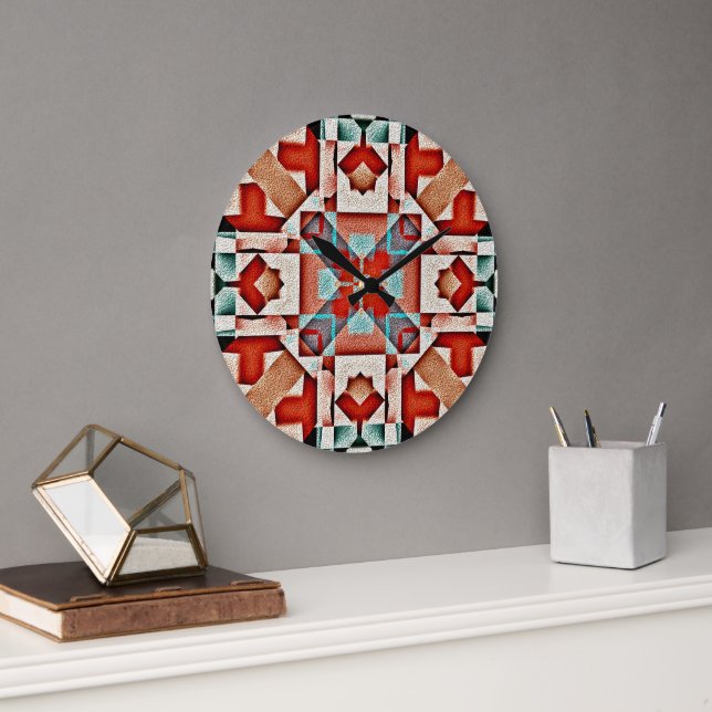 Teal Blue Red Rust Terra Cotta Tribal Art Pattern Large Clock (Office)