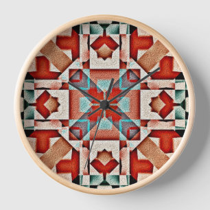 Teal Blue Red Rust Terra Cotta Tribal Art Pattern Wall Clock