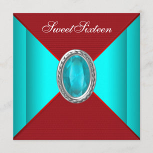 Teal Blue Red Sweet sixteen Birthday Party Invitation