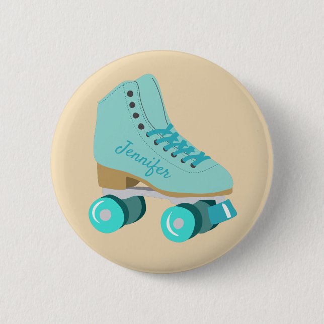 Teal Blue Retro Quad Roller Skate Personalised 6 Cm Round Badge (Front)