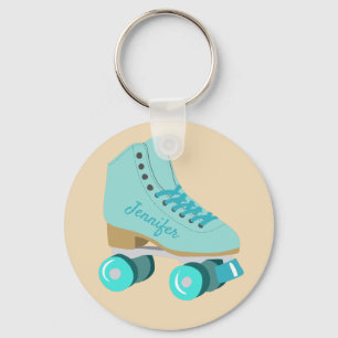 Teal Blue Retro Quad Roller Skate Personalised Key Ring