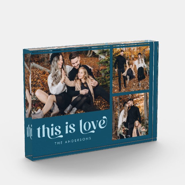 Teal Blue Retro This is Love Collage Photo Block (Left)