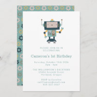Teal Blue Robot Gears Simple 1st Birthday