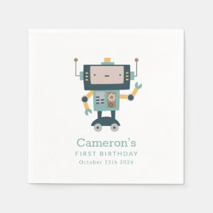 Teal Blue Robot Gears Simple 1st Birthday Napkin