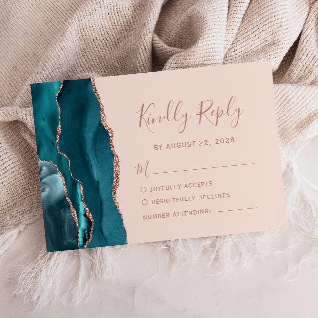 Teal Blue Rose Gold Agate Blush Pink Wedding RSVP Card (Creator Uploaded)