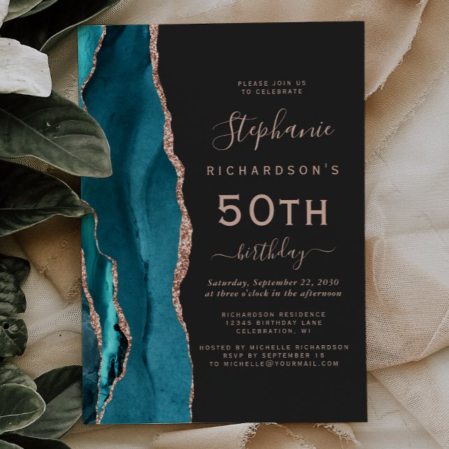 Teal Blue Rose Gold Agate Dark 50th Birthday Invitation (Creator Uploaded)