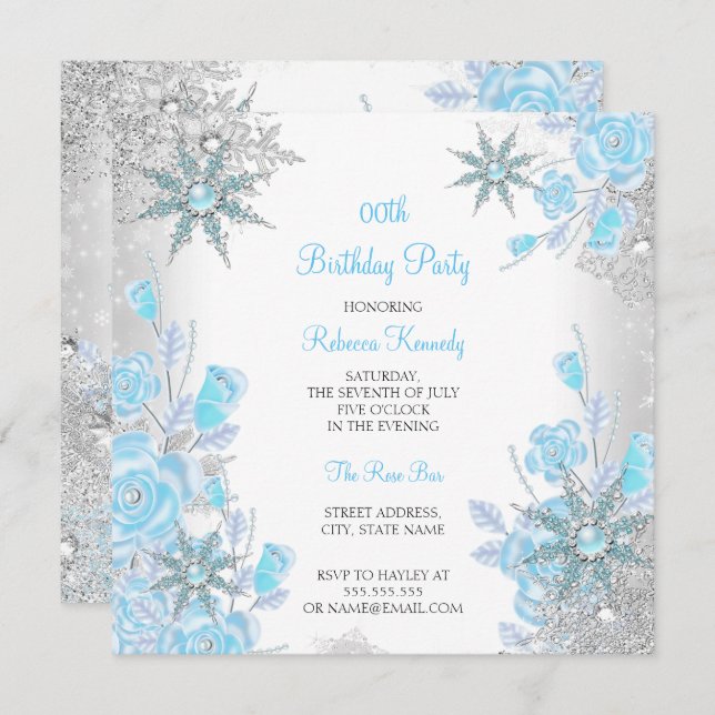 Teal Blue Rose Winter Wonderland Snowflakes Party Invitation (Front/Back)