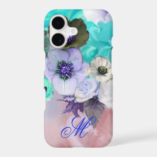 TEAL BLUE ROSES AND WHITE ANEMONE FLOWERS MONOGRAM