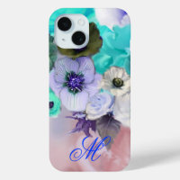 TEAL BLUE ROSES AND WHITE ANEMONE FLOWERS MONOGRAM