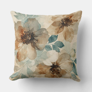 Teal Blue Rust Cream Modern Farmhouse Floral Cushion