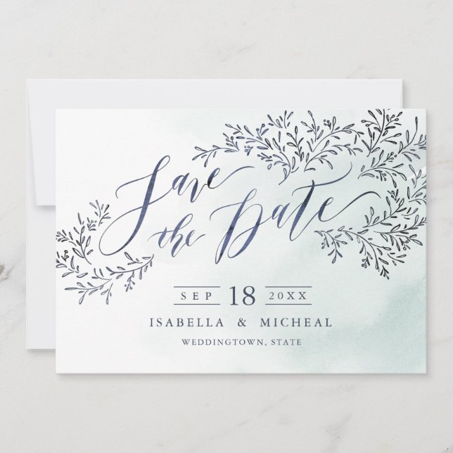 Teal blue rustic floral calligraphy save the date (Front)