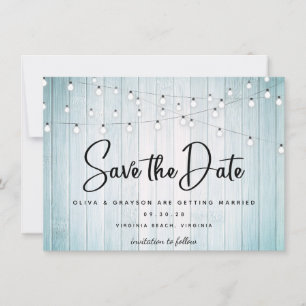 Teal Blue Rustic Wood String Lights Photo  Save The Date